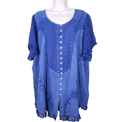 Roamans Floral Embroidered Ruffle Button Top Size 28W - Image 1 of 4