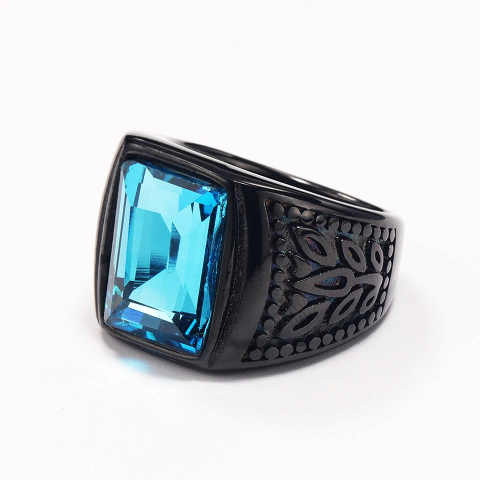 Anillo de boda retro con incrustación de piedra azul de acero inoxidable para hombre alianza vintage negro Foto 1 de 2