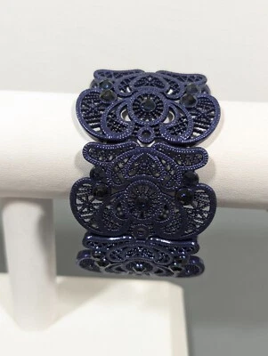 Boho Blue Metallic Lace Rhinestone Wide Bracelet 7 inch Victorian Goth Style - Image 1 of 4