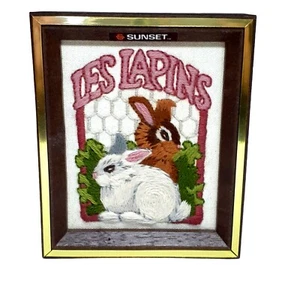 Vtg 1982 Sunset Les Lapins Crewel French The Rabbits 5" x 6" Completed Framed - Picture 1 of 4