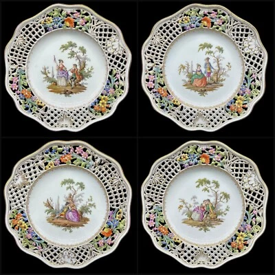 VICTORIAN GERMAN DRESDEN HAND PAINTED COURTING COUPLE & FRETWORK PLATES **RARE** - Image 1 of 4