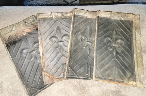 Vintage Lot of FOUR Fleur-De-Lis Tin Tiles 10” x 6¼” Primitive/Rustic Decor - C Cover
