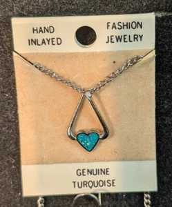 Vintage Nickle Silver Necklace Open Heart Turquoise Resin Filled Size 3/4" - Picture 1 of 1