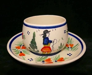 1920s HR Quimper France Mistral Blue Hand Painted Breton Folk Man Cup+Saucer #2 - Picture 1 of 12