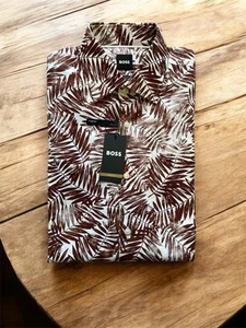 Camicia elegante Hugo Boss uomo Hank Kent slim fit stampa foglia cotone elasticizzato 38 S 15 - Foto 1 di 11