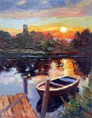 Boat Lake Sunset painting Original Impressionism Oil canvas by E Chernyakovsky - image 1 of 4