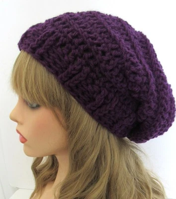 SLOUCHY BEANIE HAT CAP  MEDIUM PURPLE   TEXTURED EDGE ACRYLIC HANDMADE CROCHET - Image 1 of 4
