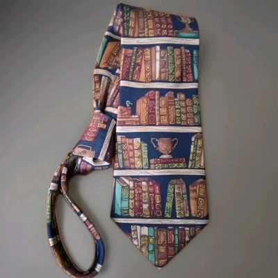 Alynn Ex Libris Books Tie Library Bookplate School 100% Silk 3.75" Wide USA Vtg - Image 1 of 4