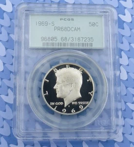 1969 S PCGS PR 68 D-Cam Kennedy Half Dollar, Proof 68 Deep Cameo, Green Holder - Picture 1 of 6