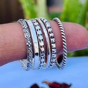 Set of 5 Sterling Silver Stackable Rings | Boho Minimalist Textured Ban All Size - Picture 1 of 12