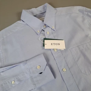 Eton NWT Dress Shirt Size 17.5 44 Slim In ~Solid Light Blue Subtle Pattern - Picture 1 of 9