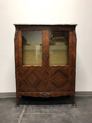 French Provincial Louis XV Inlaid Kingwood Bronze Ormolu Vitrine Curio Cabinet Cover