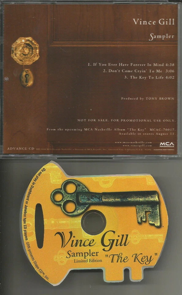 VINCE GILL 3TRK sampler ACTUAL KEY w/ GOROOVES SHAPED PROMO CD single 1998 MINT Foto 1 de 1