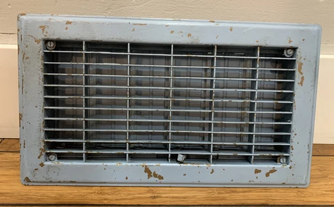 Floor Register Vent Grate 8”x14" Straight Fin Steel Blue Vintage Cam Open Close Cover