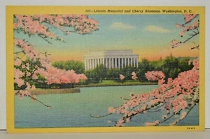 Vintage Postcard Lincoln Memorial Cherry Blossoms Washington DC Yellow Boarder - Picture 1 of 4