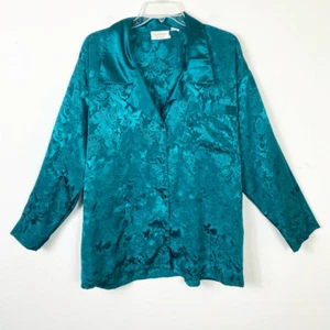 Vintage Victoria’s Secret Gold Label Teal Jacquard Floral Button Up Pajama Shirt - Picture 1 of 6