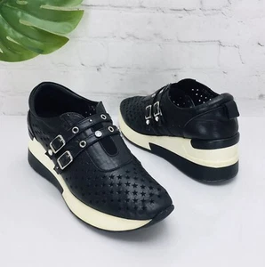 ASH LIMITED Wedge Sneakers Women's US 8/39 Black Leather Studded Slip On Star - Picture 1 of 12