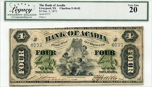 1872 $4 The Bank of Acadia, Liverpool, Nova Scotia - Legacy VF 20 - Picture 1 of 2