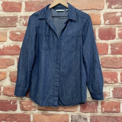 LC Lauren Conrad Top Mujer S Azul Blanco Cambray Denim Lunares Camisa Informal Foto 1 de 4