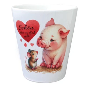 Schwein mit Maus und Herz Blumentopf mit Spruch Schön dass es dich gibt - Bild 1 von 6