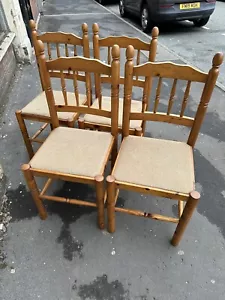 Farmhouse Kitchen Stand Chairs X 4 Solid Pine Spindled Beige Fabric - Picture 1 of 6