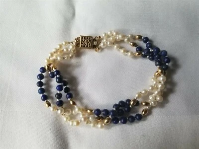 Pearls and Lapis Azuli & Gold Fill Triple Strand Bracelet - No Tariff - Image 1 of 2
