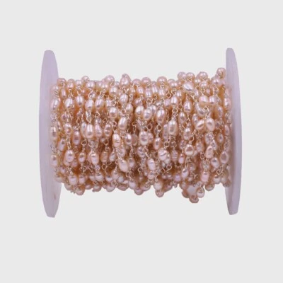 2 meters of Gold Vermeil Finish Pink Pearl Beaded Rosary Sterling Silver Chain - Image 1 of 4