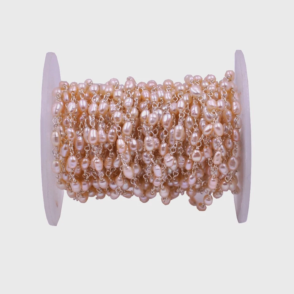 2 meters of Gold Vermeil Finish Pink Pearl Beaded Rosary Sterling Silver Chain - Image 1 of 4