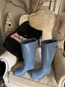 HUNTER Original TALL Knee Length Wellies  BOOTS Sz. 8 Blue Gloss Rain - Picture 1 of 18