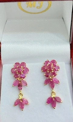 14k Solid Yellow Gold Flower Dangle Stud Earrings, Natural Ruby 3.18 Grams - Image 1 of 4