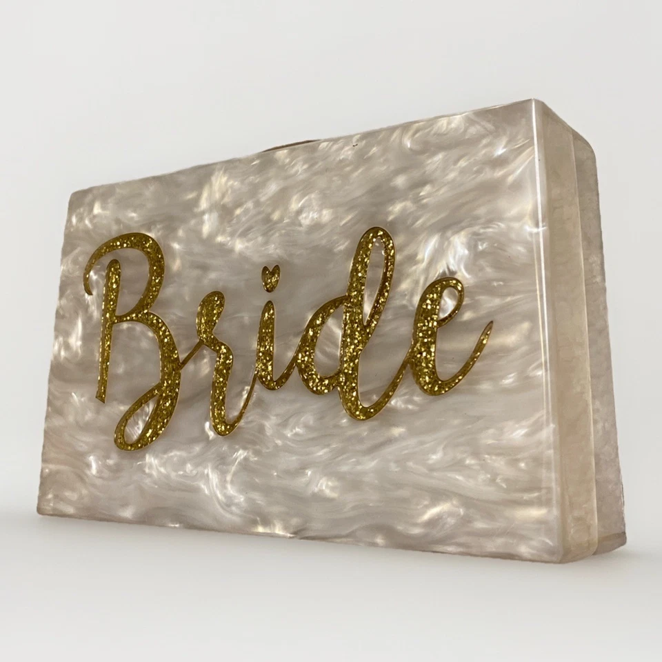 Cartera de novia blanca y dorada con correa larga de cadena de metal 7x4 pulgadas boda fiesta Foto 1 de 4