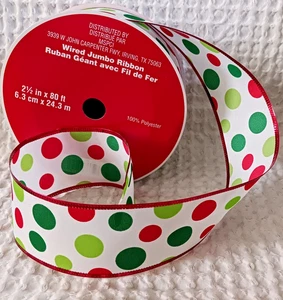 Wired Ribbon CHRISTMAS DOTS 2.5 Wide 5 Yard Holiday Theme White Green RED NEW - Picture 1 of 6