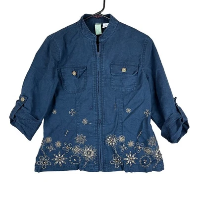 Multiples Soft Womens Jacket Navy Blue Linen Blend Beaded Floral Roll Sleeves M - Image 1 of 4