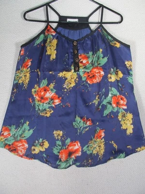 Lush Blue Floral Blouse Crop Spaghetti Strap Top Large Shirt Button Accent - Image 1 of 4