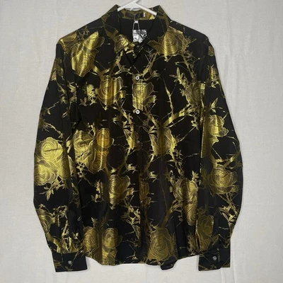 Satin Dress Shirt Mens Medium Black Shiny Gold Roses Hipster Vegas NightClub NWT - Image 1 of 4