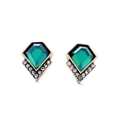 Solitaire Emerald Green Stud Earring Geometric Gem Vintage Gold New with Giftbox - Image 1 of 4