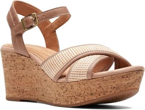 Clarks Women's Elleri Plum Wedge Sandal Praline Leather 11 - Picture 1 of 7