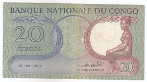 Congo 20 Francs, Banque Nationale Du Congo, 1962, SN. PA 196344, P4a, XF++ - Picture 1 of 2