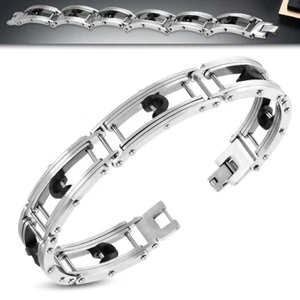 Stainless Steel Silver-Tone Black Rubber Link Mens Bracelet, 8.5" - Picture 1 of 2