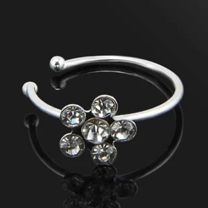 Silver Plated Flower Clear Crystal Nose Ring Stud Hoop-Sparkly Pin Lab-Created - Picture 1 of 6