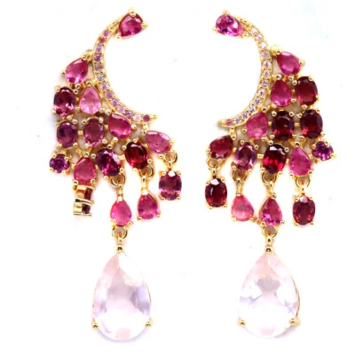 Plata de ley 925 7 x 11 mm. Pendientes de cuarzo rosa, granate rodolita y zafiro Foto 1 de 4