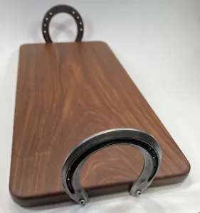 Handmade Cowboy Inspired Solid Teakwood Horseshoe Handles Charcuterie Board - Picture 1 of 9