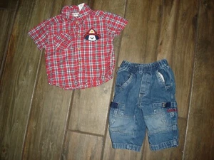 Baby Togs red plaid fire dept dog rescue shirt & KRU jeans set boys 12m months - Picture 1 of 10