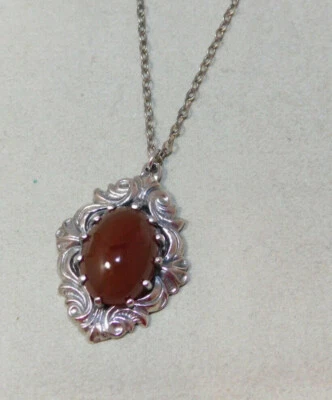 NOS Britannico Vintage 925 Argento Corniola Cab Ciondolo 18 " Catenina 8h 66 - Immagine 1 di 4