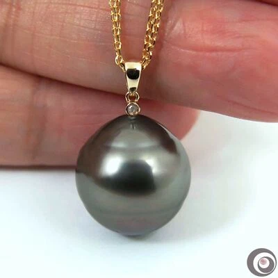 Enormous 15.8x16.8mm Tahitian Sea Pearl & Solid 14K Gold Diamond Pendant #P4293 - Image 1 of 4