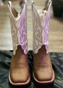 Laredo Mesquite Women's US 6.5 M Embroidered Pink Taupe White Cowboy Boots - Picture 1 of 6