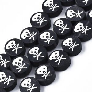 40pcs Polymer Clay Beads Flat Round with Skull Black 9x4mm Halloween Crafting