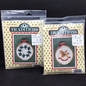Traditions Cross Stitch Ornament Kits Rocking Horse Holly Berry Wreath Set Of 2 - Picture 1 of 7
