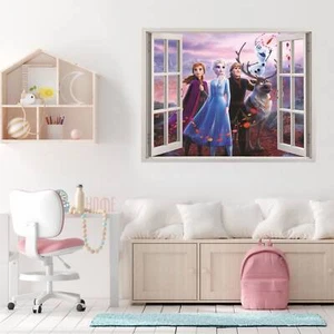 Frozen Elsa Anna Olaf 3D Wallpaper Decal, Disney Princess Window View Wall Art - Picture 1 of 6