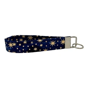 Handmade Navy Blue & Gold Stars Fabric Keychain Wristlet, Key Fob Lanyard - Picture 1 of 5